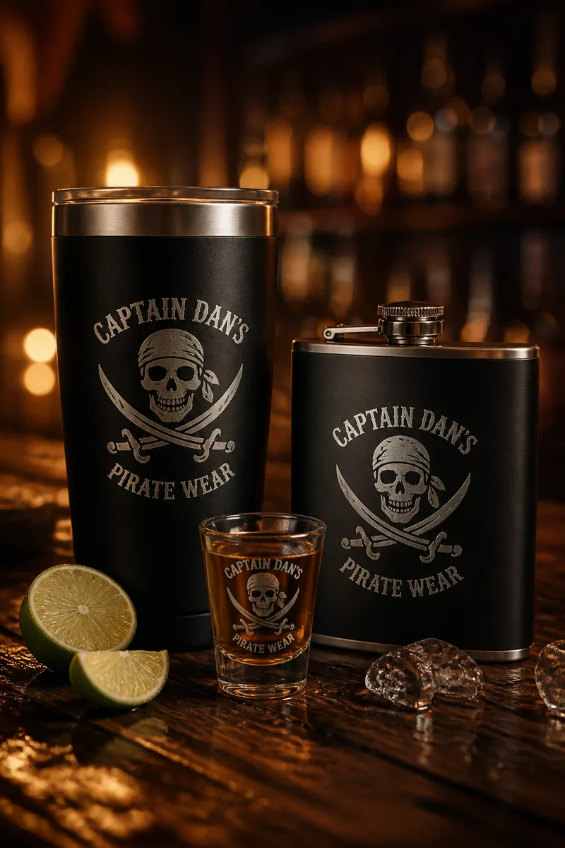 Travel mug, flask, and rum shot on the bar