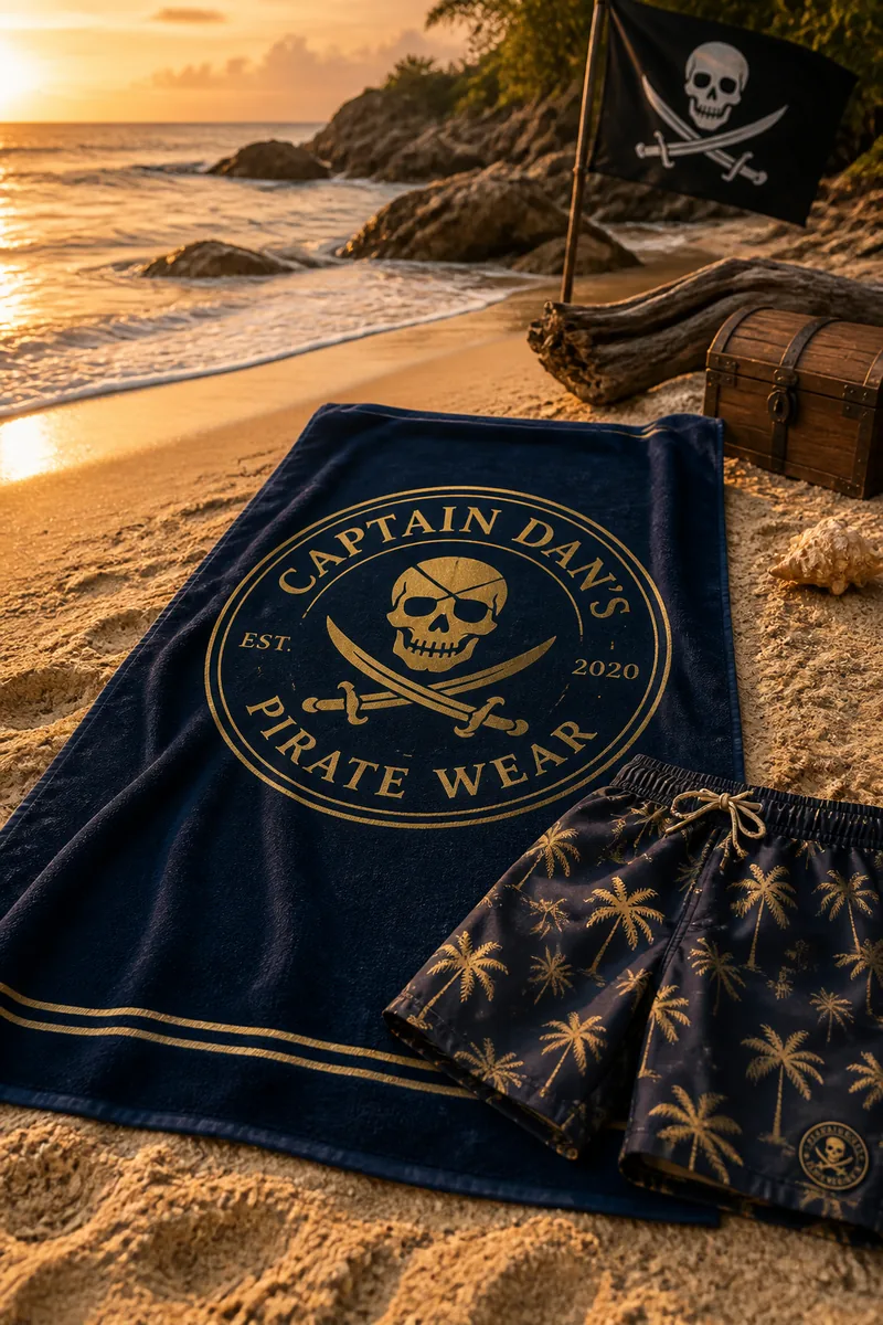 Beach towel and swim trunks on the sand at sunset